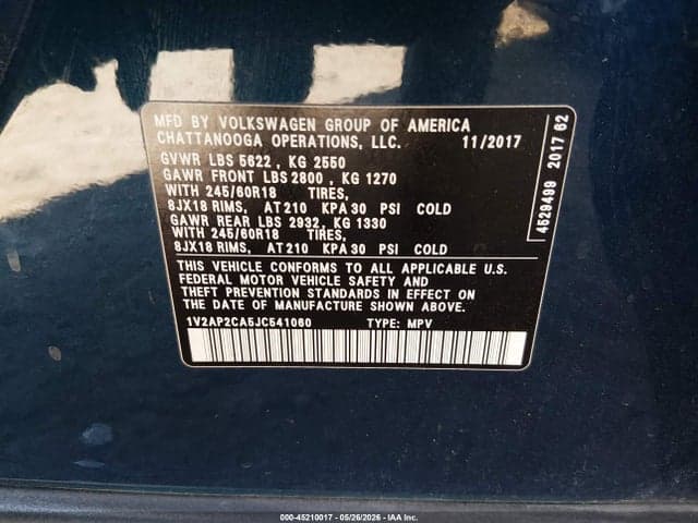 2018 VOLKSWAGEN ATLAS 2.0T S 9