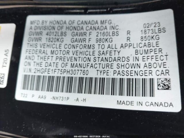 2023 HONDA CIVIC EX/EX W/O BSI 9