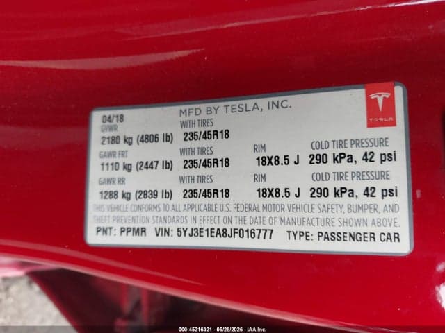 2018 TESLA MODEL 3 LONG RANGE/MID RANGE 10