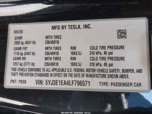 2020 TESLA MODEL 3 STANDARD RANGE PLUS REAR-WHEEL DRIVE/STANDARD RANGE REAR-WHEEL DRIVE 9