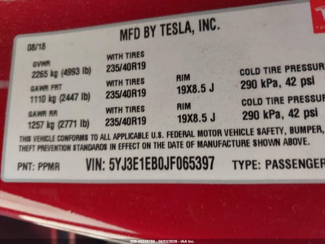 2018 TESLA MODEL 3 LONG RANGE/PERFORMANCE 9