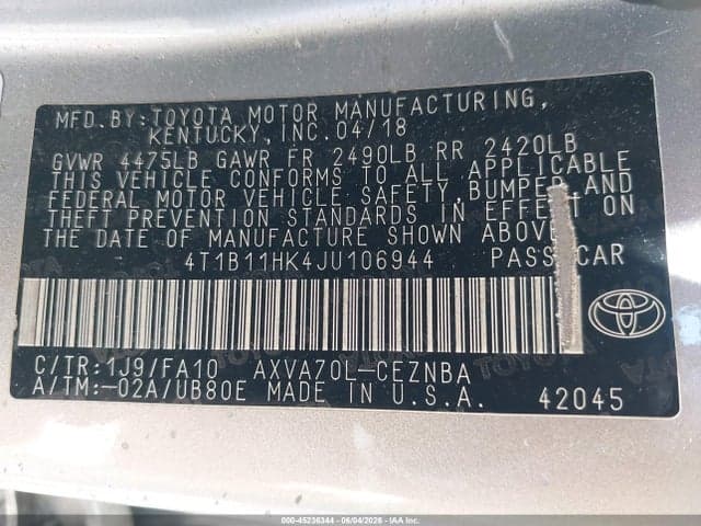 2018 TOYOTA CAMRY LE 9