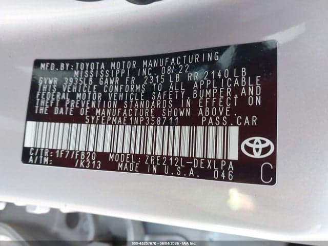 2022 TOYOTA COROLLA LE 9