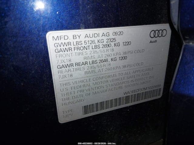 2021 AUDI Q3 PREMIUM PLUS 45 TFSI S LINE QUATTRO TIPTRONIC 9
