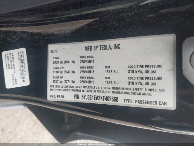 2019 TESLA MODEL 3 LONG RANGE/MID RANGE/STANDARD RANGE/STANDARD RANGE PLUS 9