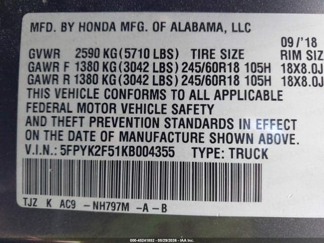 2019 HONDA RIDGELINE RTL 9