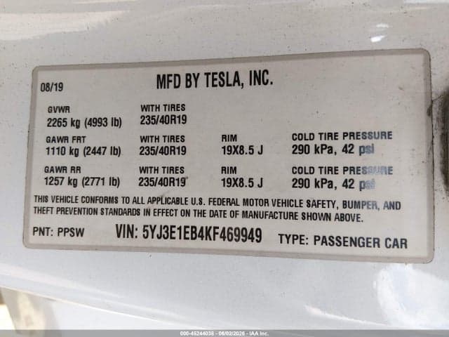 2019 TESLA MODEL 3 LONG RANGE/PERFORMANCE 9
