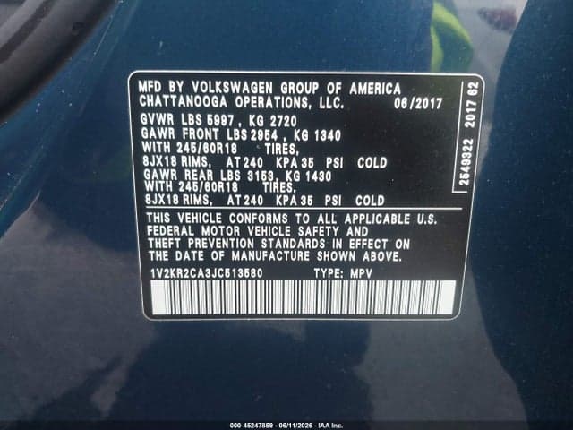 2018 VOLKSWAGEN ATLAS 3.6L V6 SE 9