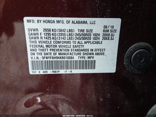 2019 HONDA PILOT TOURING 9