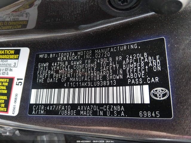 2020 TOYOTA CAMRY LE 9