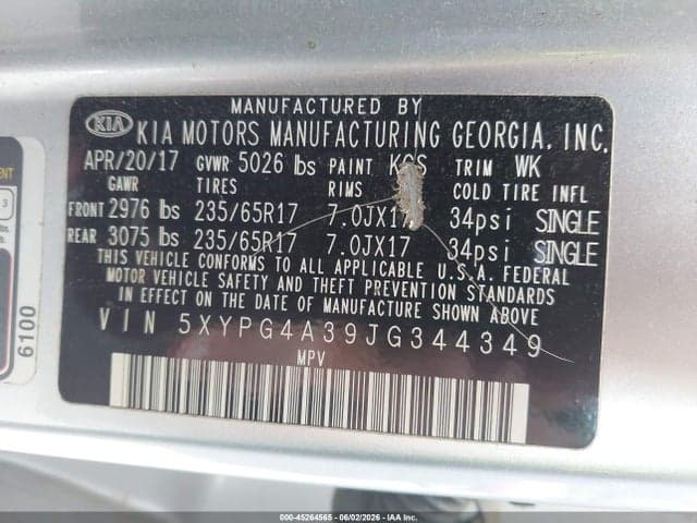 2018 KIA SORENTO 2.4L L 9