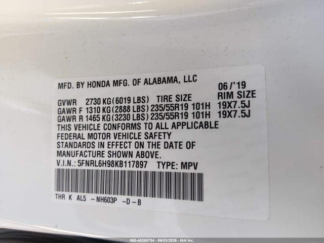 2019 HONDA ODYSSEY ELITE 9