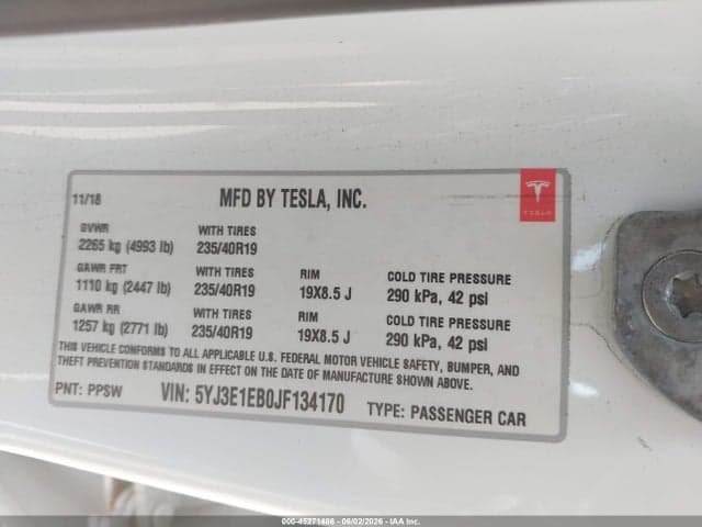 2018 TESLA MODEL 3 LONG RANGE/PERFORMANCE 9
