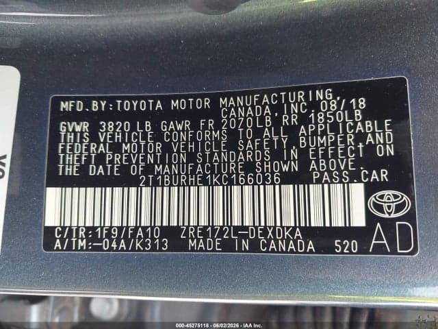 2019 TOYOTA COROLLA L 9
