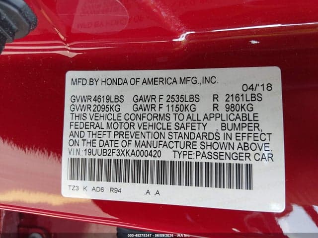 2019 ACURA TLX STANDARD 9