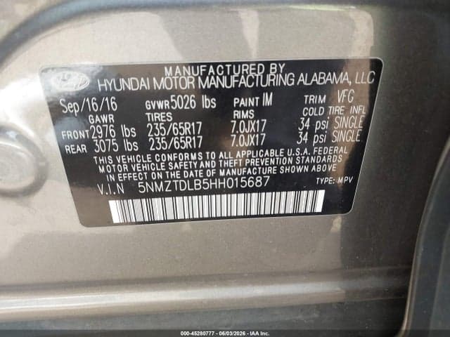 2017 HYUNDAI SANTA FE SPORT 2.4L 9