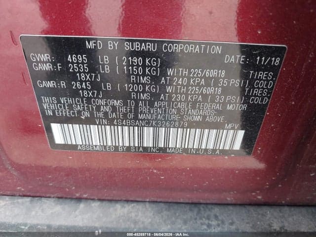 2019 SUBARU OUTBACK 2.5I LIMITED 9