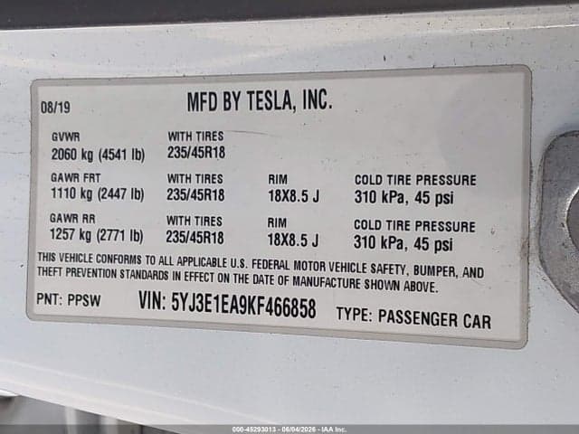 2019 TESLA MODEL 3 LONG RANGE/MID RANGE/STANDARD RANGE/STANDARD RANGE PLUS 10