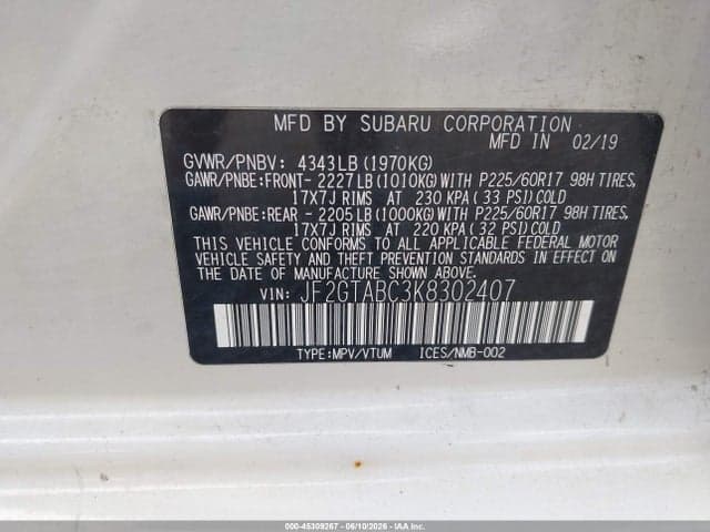 2019 SUBARU CROSSTREK 2.0I 9