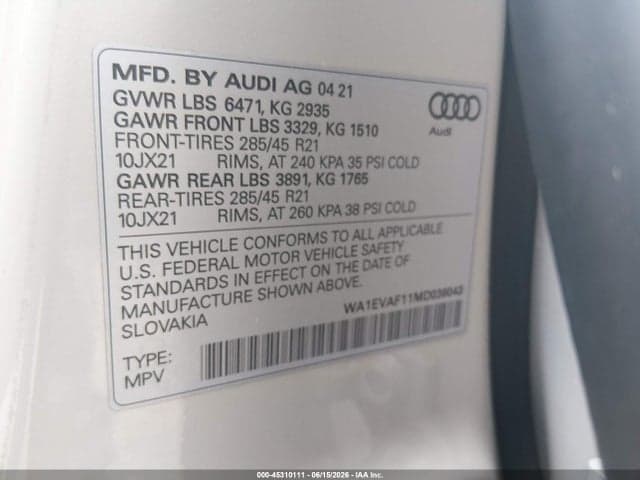 2021 AUDI Q8 PREMIUM PLUS 55 TFSI QUATTRO TIPTRONIC 9