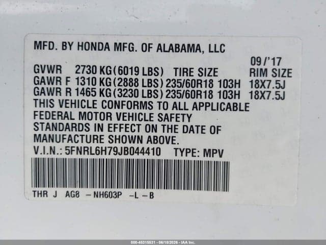 2018 HONDA ODYSSEY EX-L 9