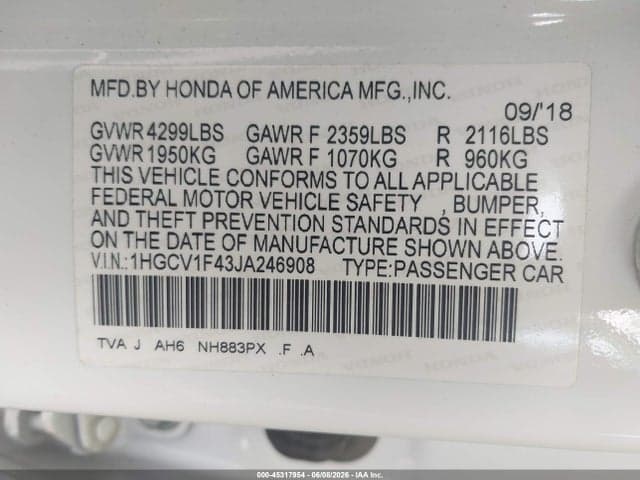 2018 HONDA ACCORD EX 9