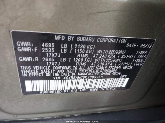 2019 SUBARU OUTBACK 2.5I PREMIUM 9