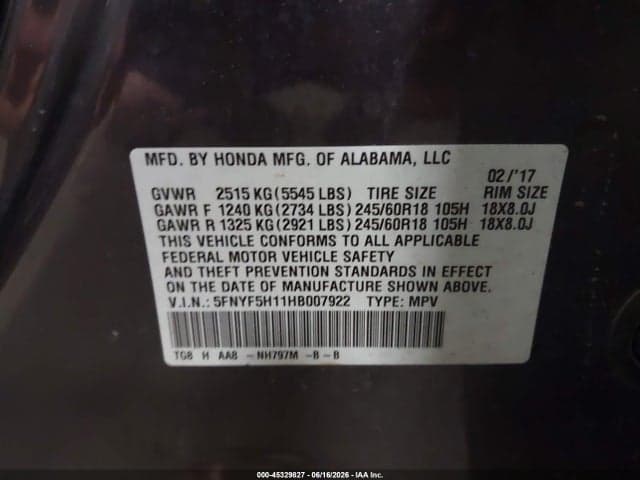 2017 HONDA PILOT LX 9