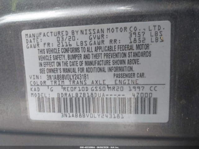 2020 NISSAN SENTRA S XTRONIC CVT 9