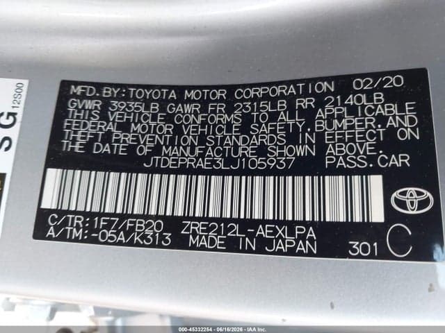 2020 TOYOTA COROLLA LE 9