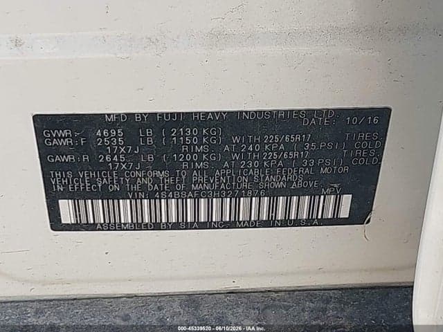 2017 SUBARU OUTBACK 2.5I PREMIUM 9