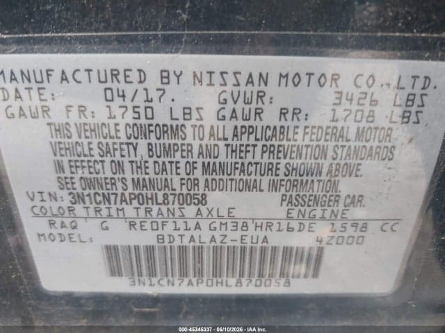 2017 NISSAN VERSA 1.6 S+ 9