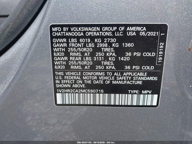 2021 VOLKSWAGEN ATLAS 3.6L V6 SE W/TECHNOLOGY 9