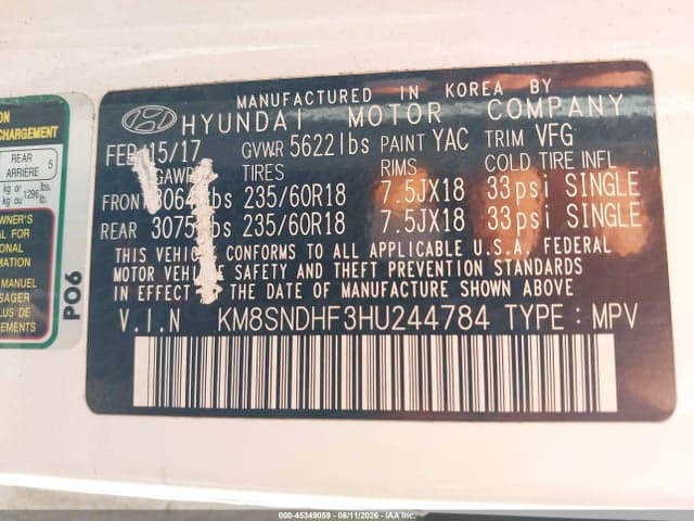 2017 HYUNDAI SANTA FE SE 9