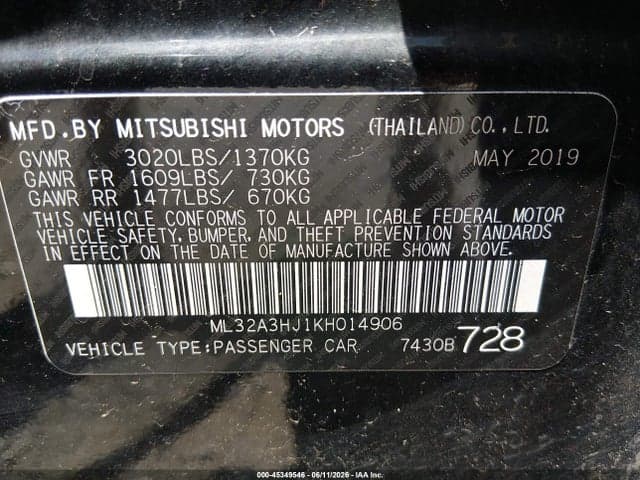 2019 MITSUBISHI MIRAGE ES 9
