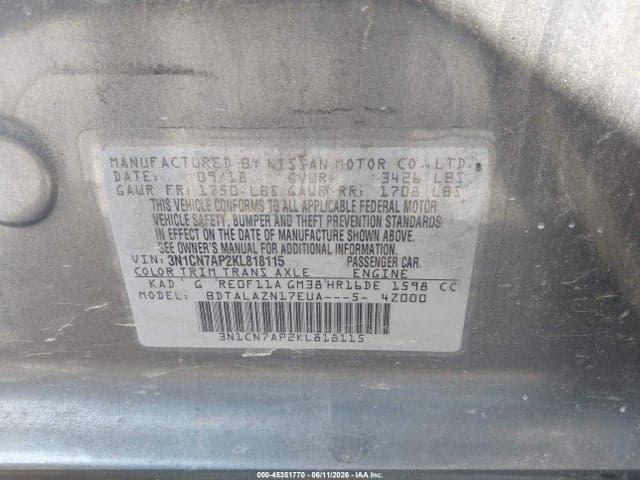 2019 NISSAN VERSA 1.6 S+ 9