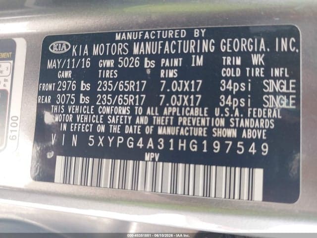 2017 KIA SORENTO 2.4L L 9