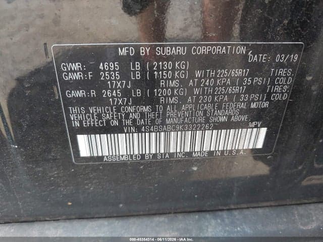2019 SUBARU OUTBACK 2.5I 9