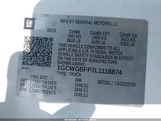 2020 CHEVROLET EXPRESS CARGO RWD 2500 EXTENDED WHEELBASE WT 9