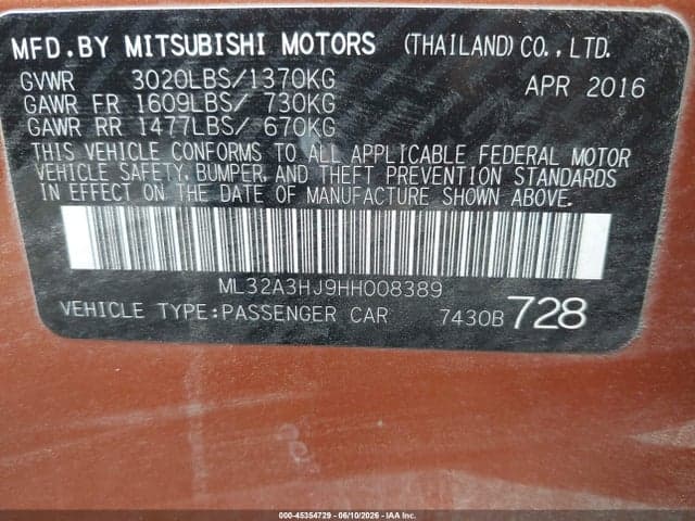 2017 MITSUBISHI MIRAGE ES 9