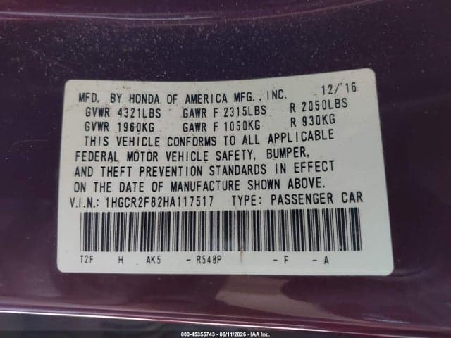 2017 HONDA ACCORD EX-L 9