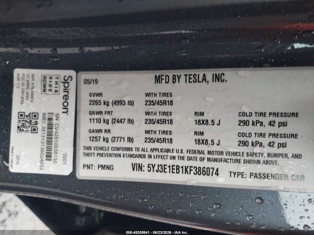 2019 TESLA MODEL 3 LONG RANGE/PERFORMANCE 9