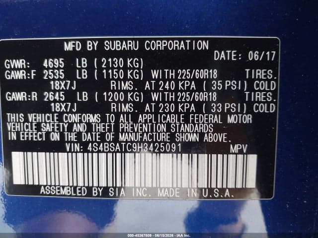 2017 SUBARU OUTBACK 2.5I TOURING 9