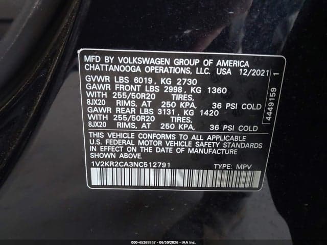 2022 VOLKSWAGEN ATLAS 3.6L V6 SE W/TECHNOLOGY 9