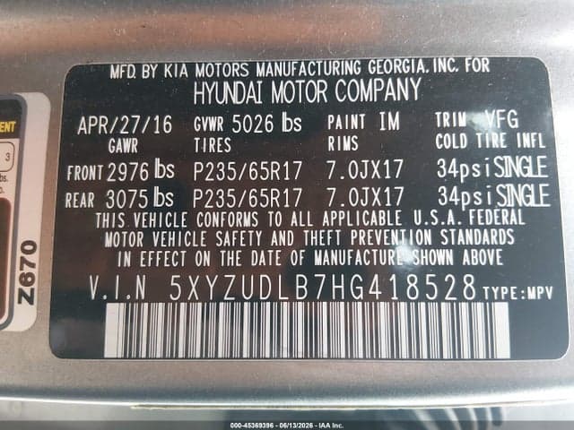 2017 HYUNDAI SANTA FE SPORT 2.4L 9