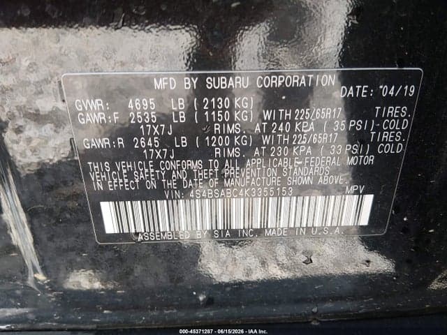 2019 SUBARU OUTBACK 2.5I 9