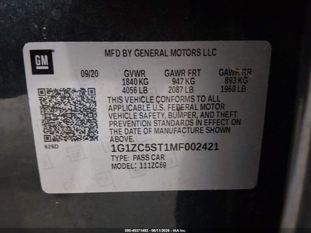 2021 CHEVROLET MALIBU FWD 1FL 9