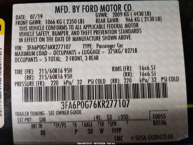 2019 FORD FUSION S 9