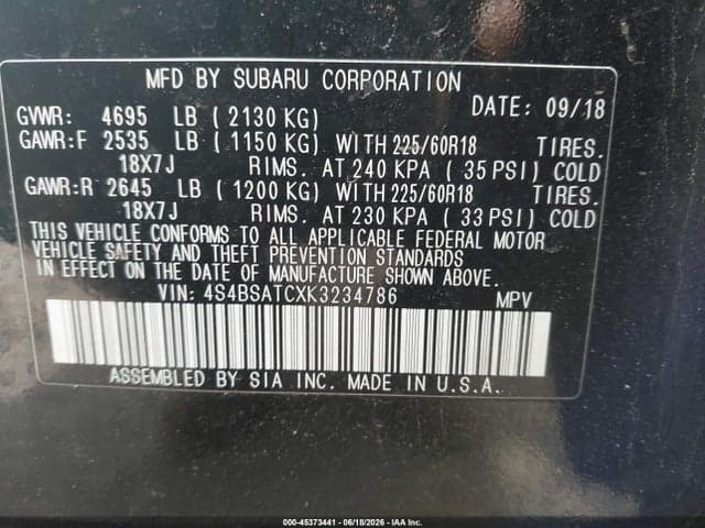 2019 SUBARU OUTBACK 2.5I TOURING 9
