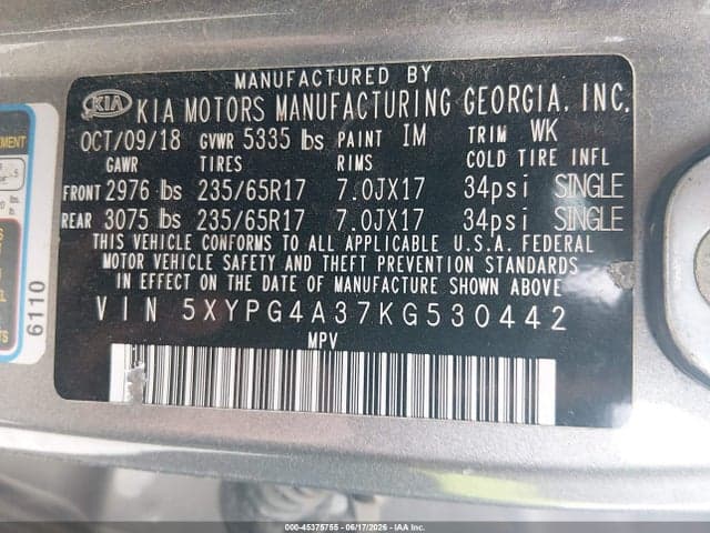2019 KIA SORENTO 2.4L L 9